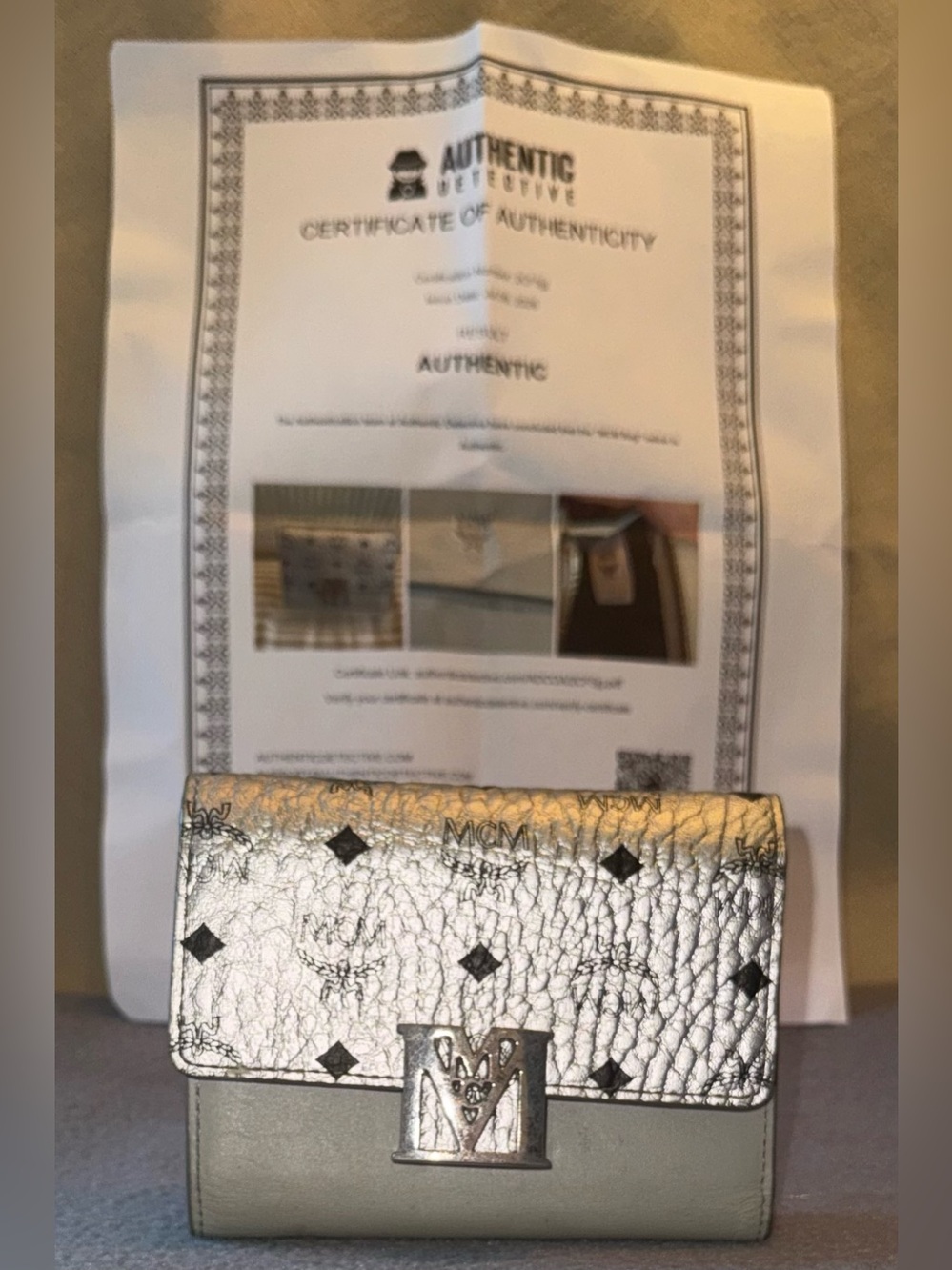 MCM Metallic Silver/Grey/Black Leather Trifold Wallet with COA